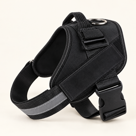 Black personalized no-pull dog harness, studio product view