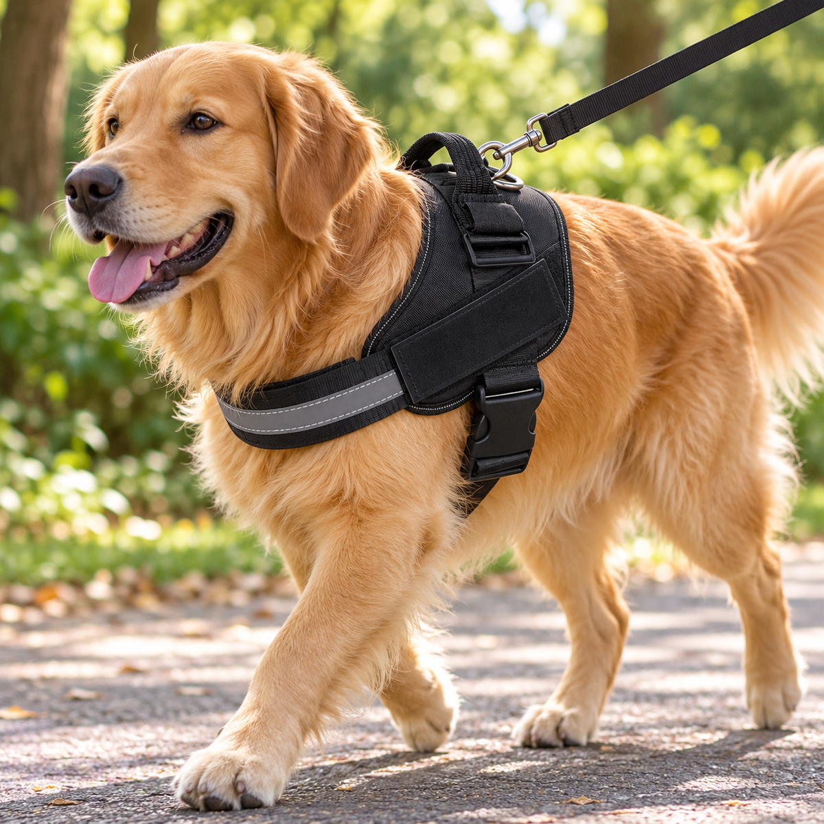 Golden retriever wearing the black no-pull harness on a park walk
