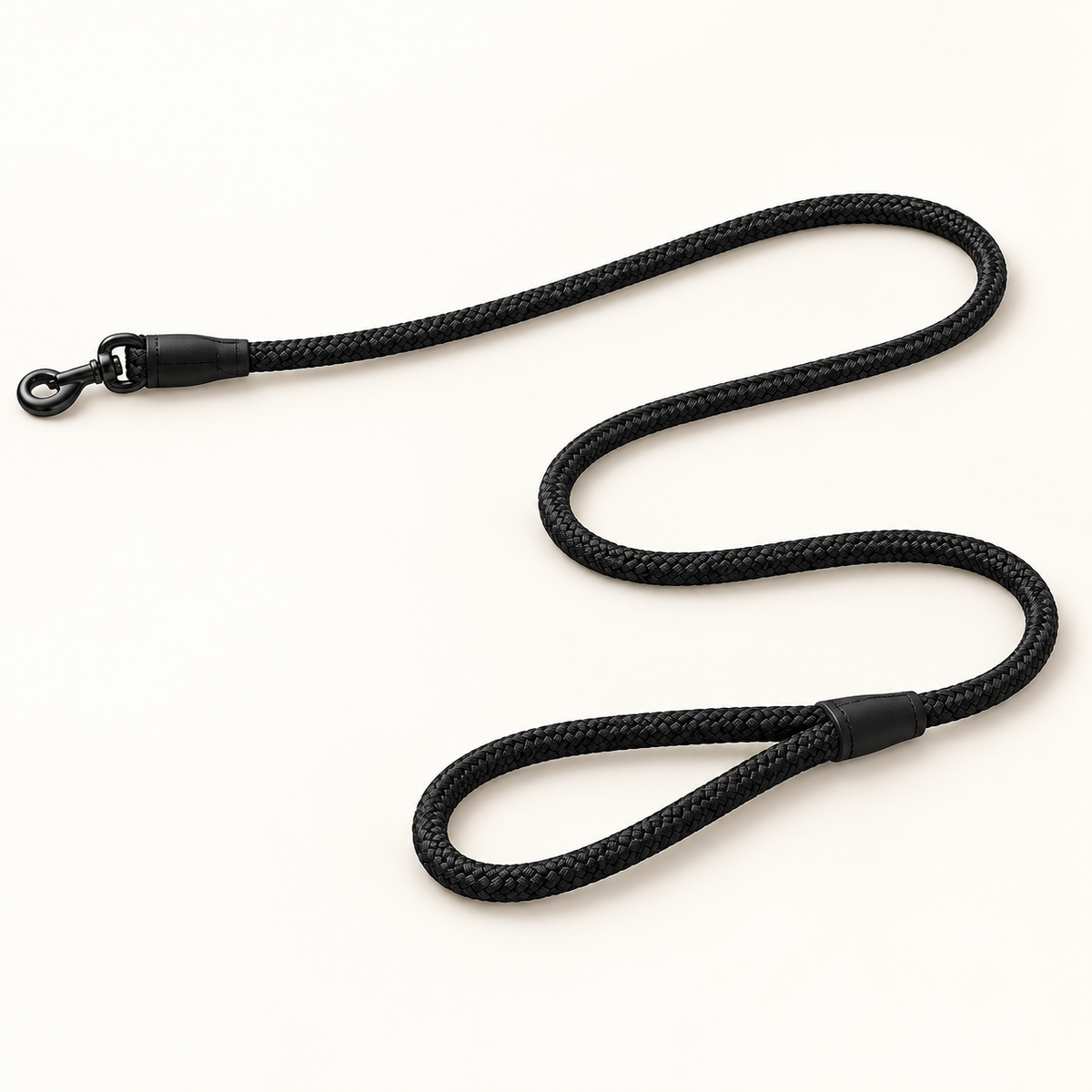 Black 1.5 metre braided rope dog leash, studio view