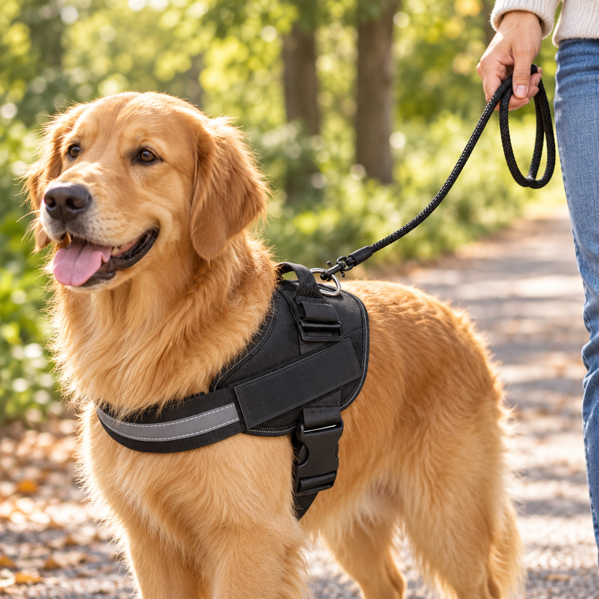 Black rope leash clipped to a no-pull harness on a park walk